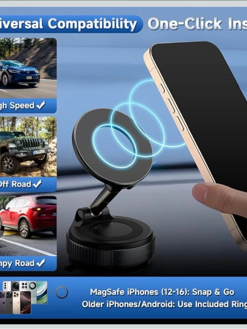 Universal Black Magnetic Phone Mount with Rotating Ring and Foldable Arm K007